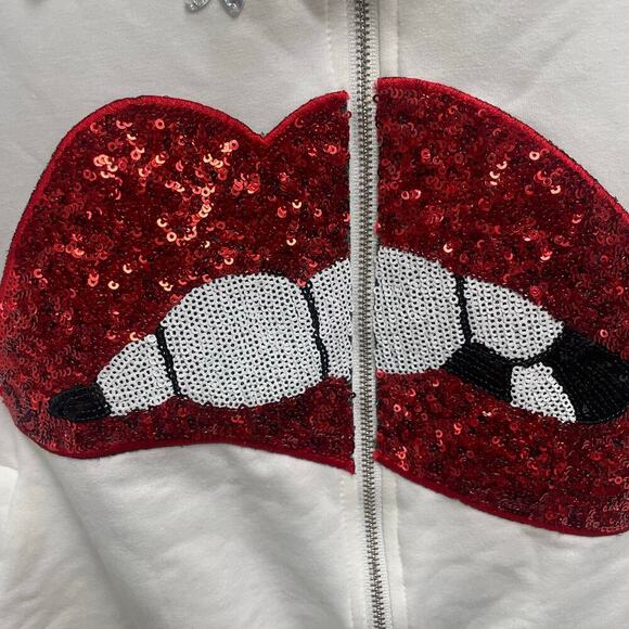 Rhinestone Pearl Full Zip Hoodie Red Glitter Lips Y2K Bling Streetwear Large - Picture 2 of 7